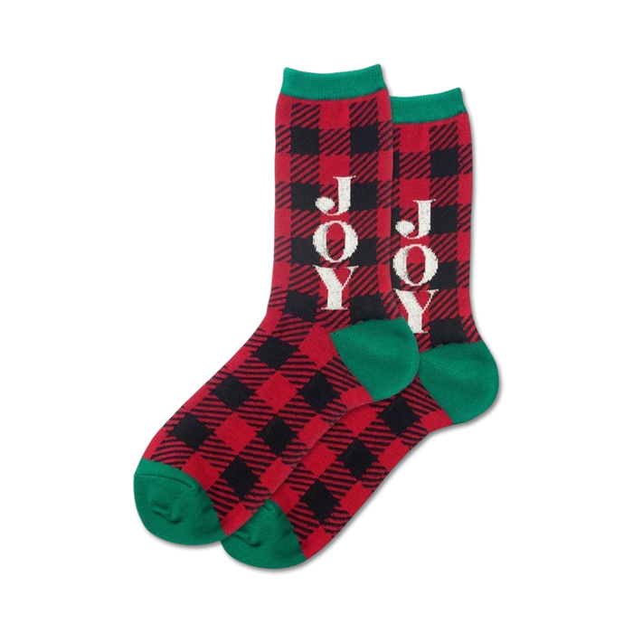 red and black buffalo plaid crew socks for women with 