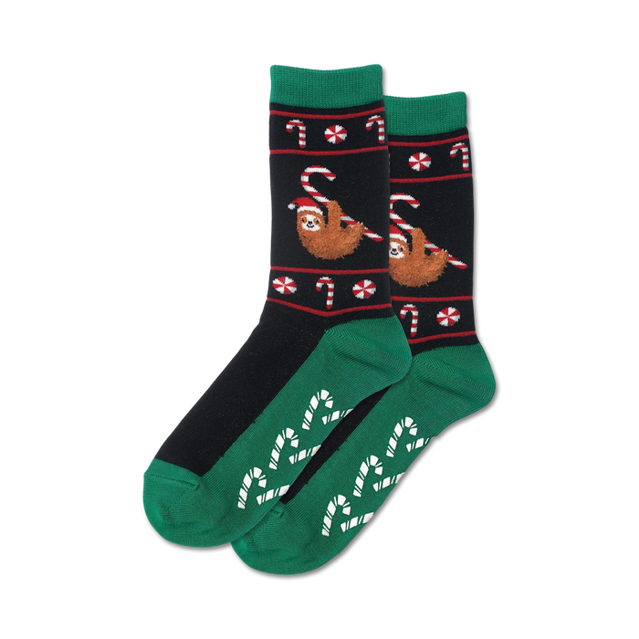 christmas sloth non-skid slipper socks - women's crew socks, black with green sole and cuff, sloth and candy cane pattern.    }}