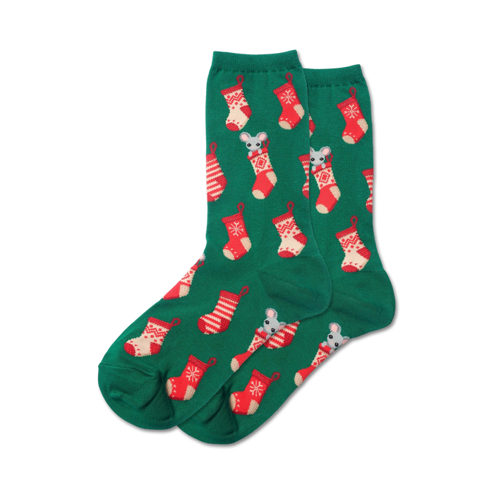  women's crew length christmas stocking mouse socks in dark green with red and white stockings and gray mice.    }}