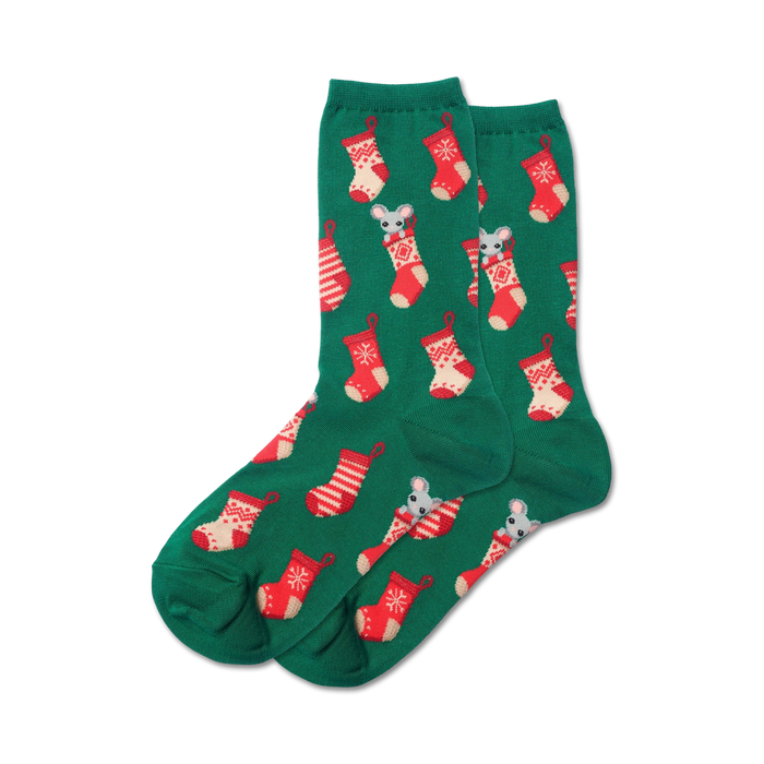 Pair of women's crew socks in green with a pattern of red and white Christmas stockings and grey mice. }}