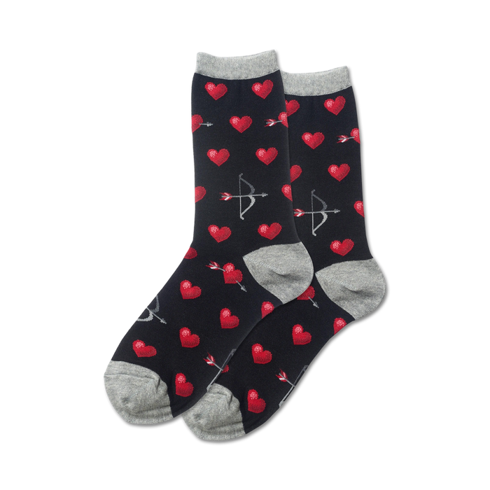 Pair of black crew socks with red pixelated hearts and arrows.  Grey cuffs.