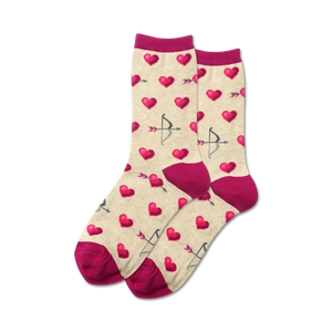 Lifestyle shot of Bow and Arrow socks in beige with fuchsia cuffs, showing the socks being worn.