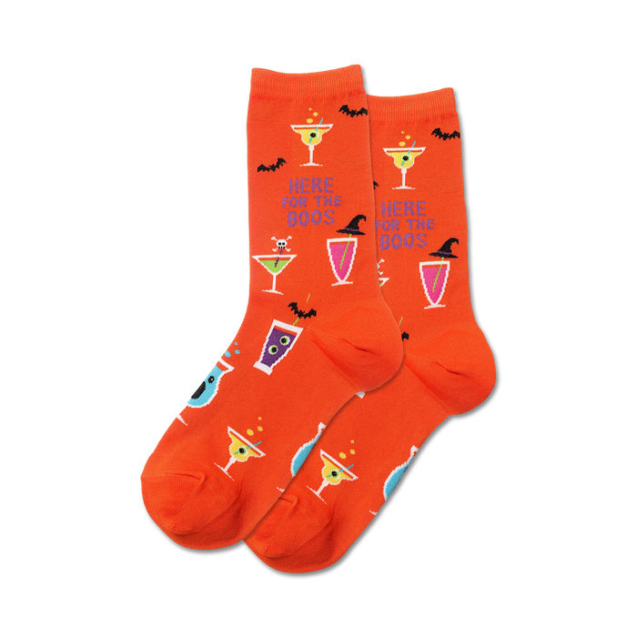 Pair of orange crew socks with Halloween cocktails, bats, and the phrase 'Here For The Boos'. }}
