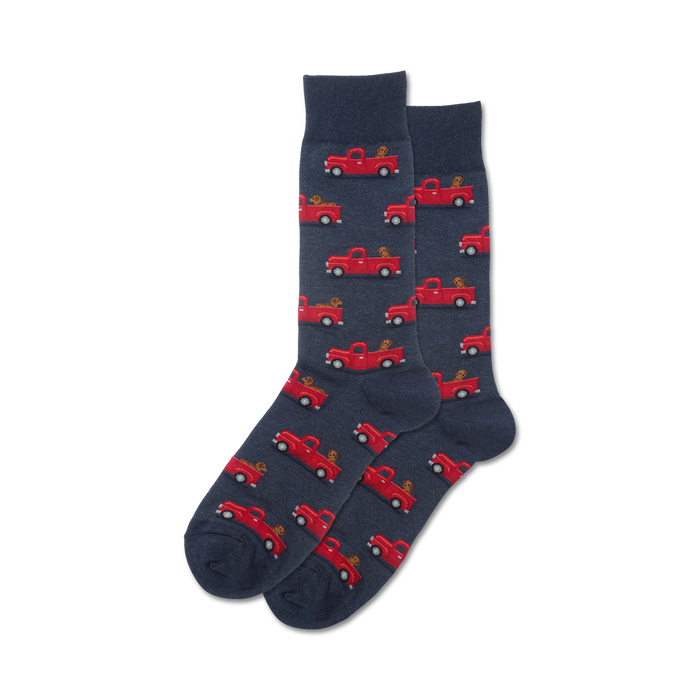 mens blue crew socks with red pickup truck and brown dog     }}