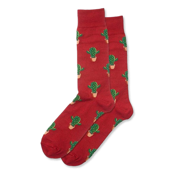 Pair of red crew socks with an all-over repeating pattern of green cactus plants in light tan pots. }}