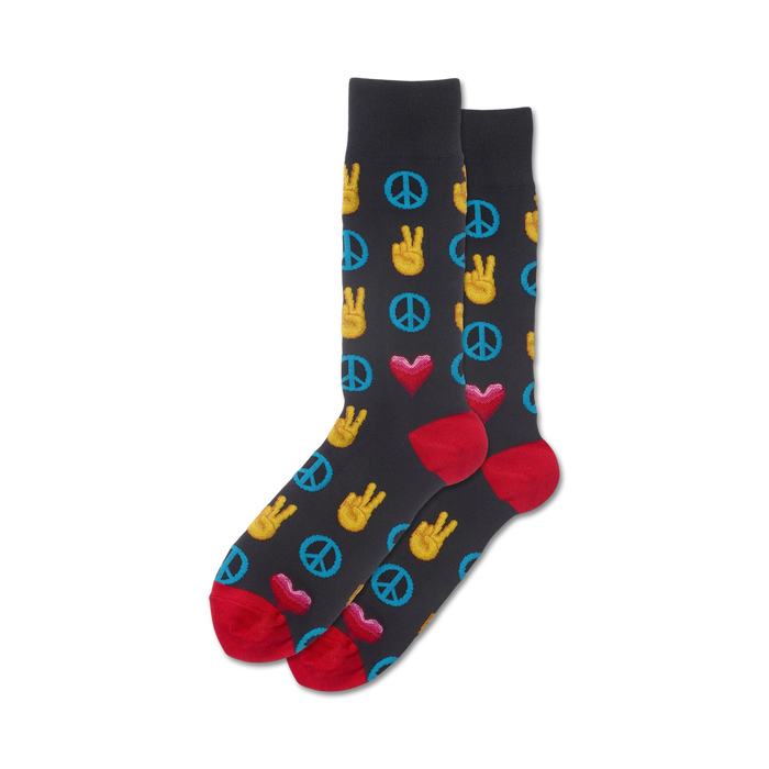black socks with blue and yellow peace signs, red hearts, and yellow peace hands. men's crew length.   }}