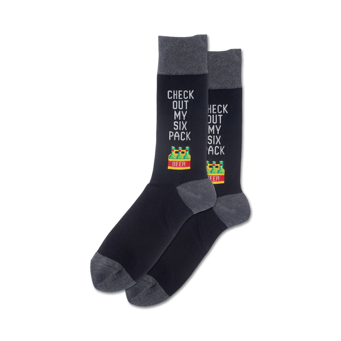 black and gray crew socks with beer bottle pattern and 