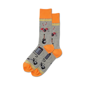 gray crew socks for men with musical instruments pattern: electric guitar, drum set, keyboard, and amp.   