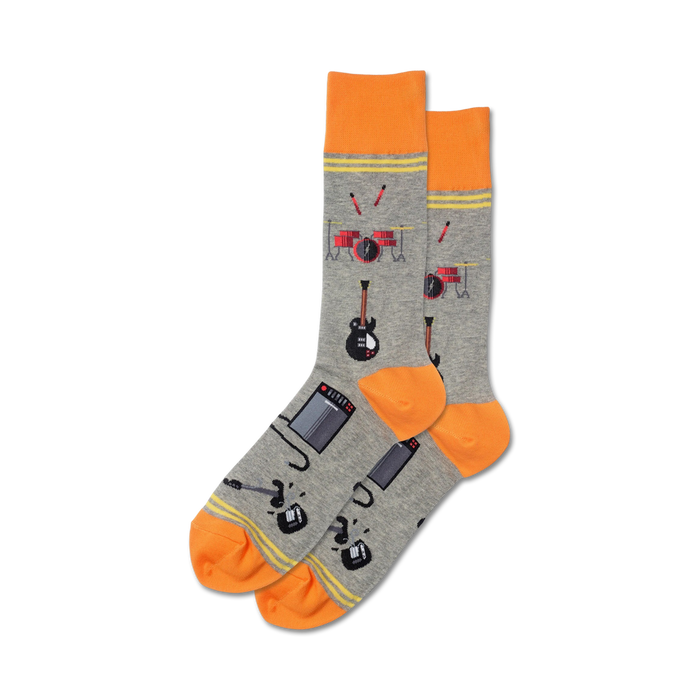 gray crew socks for men with musical instruments pattern: electric guitar, drum set, keyboard, and amp.    }}