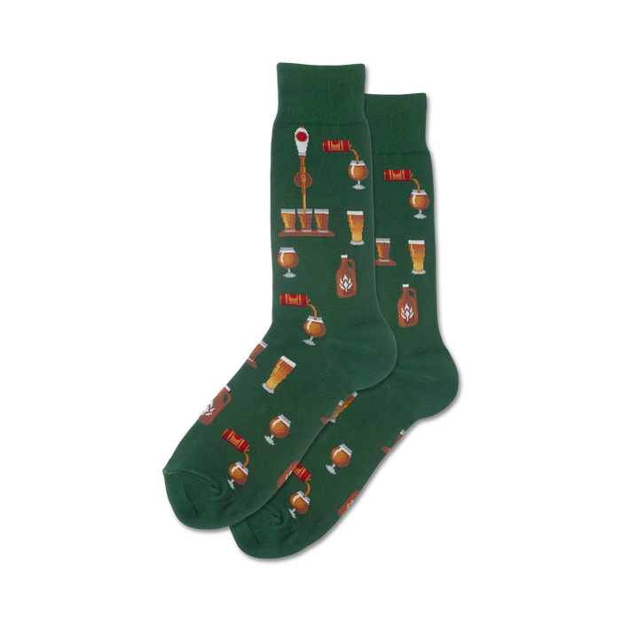 Pair of dark green crew socks with a repeating pattern of beer-related illustrations: beer taps, mugs, growlers, and bottles. }}