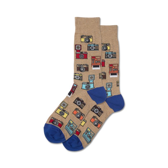 Tan crew socks with a colorful vintage camera pattern. The cameras are in various colors and styles against a tan background, and the socks have a royal blue cuff. }}