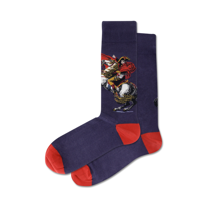 Pair of navy blue crew socks with a red and white image of Napoleon Bonaparte riding a horse. }}