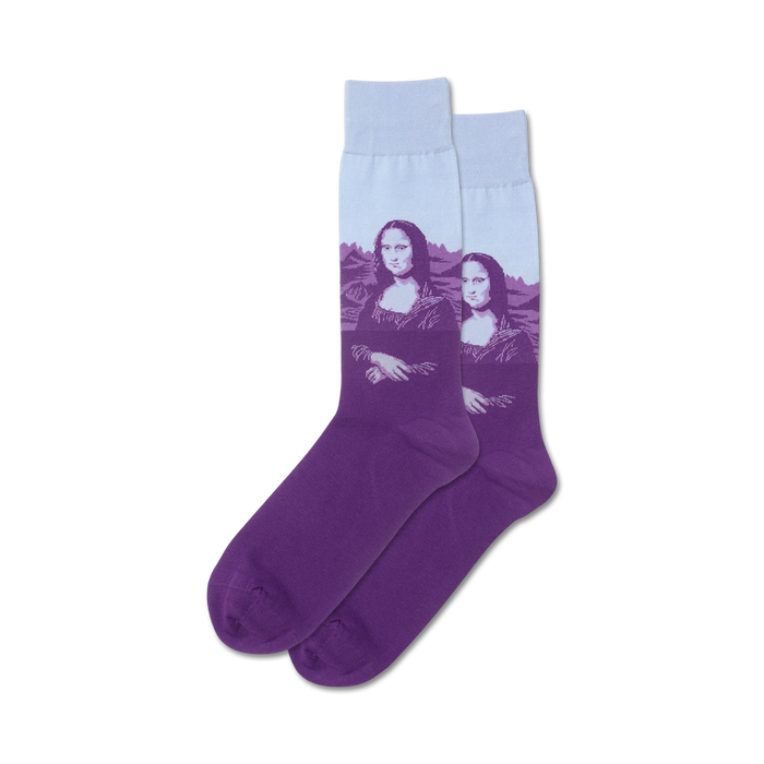 Pair of crew socks featuring a purple and lavender ombre fade with a pop art Mona Lisa image.