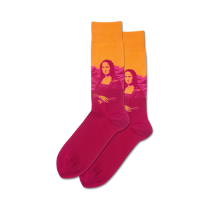 Lifestyle shot of a model wearing the orange and pink Mona Lisa Pop socks.