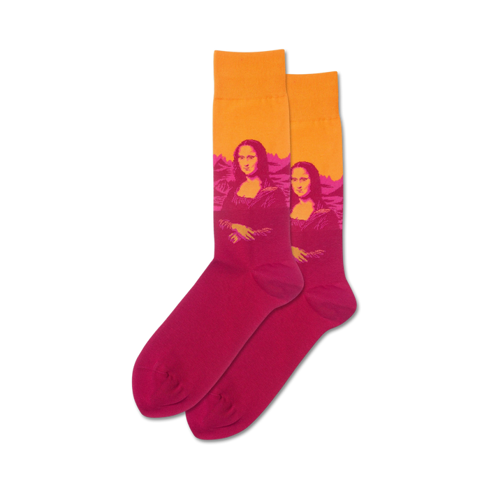 Lifestyle shot of a model wearing the orange and pink Mona Lisa Pop socks.