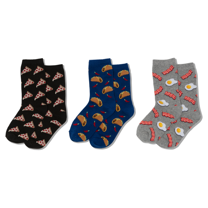 Three pairs of crew socks, folded: black with pizza, blue with tacos and chili peppers, grey with bacon and fried eggs. }}