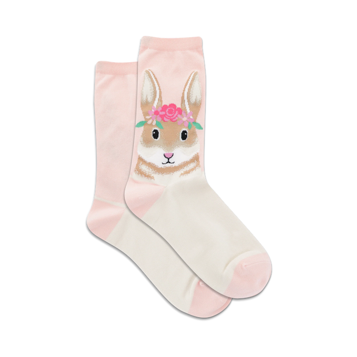 socks that are white and pink and have a pattern of rabbits wearing flower crowns on them. the rabbits are brown and have pink noses. socks with a pink toe and heel, and the top of the sock is white. }}