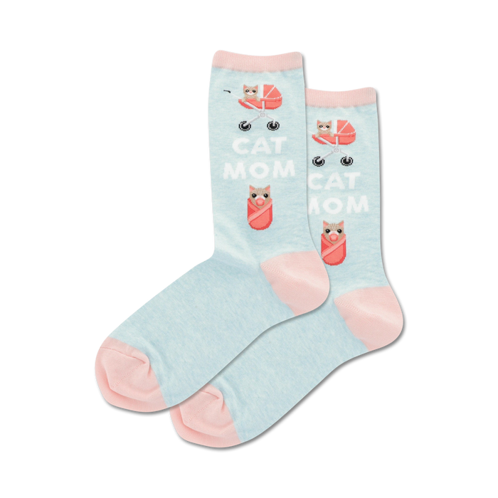 Pair of women's crew socks in light blue and pink. Design features kittens in strollers and the text 'Cat Mom'. }}