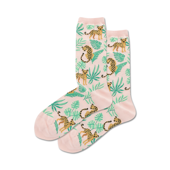 pink crew socks with a pattern of cartoon cheetahs and green leaves.   }}