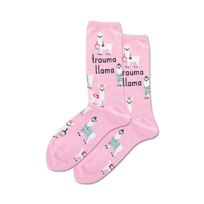 Pair of pink crew socks with repeating pattern of llamas dressed as medical professionals and the text 'trauma llama'.
