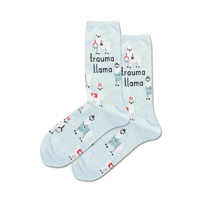 A pair of light blue crew socks with the same llama design as the pink socks.