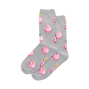 Pair of crew socks, grey and black color options, featuring a repeating pattern of pink piggy banks with coins.