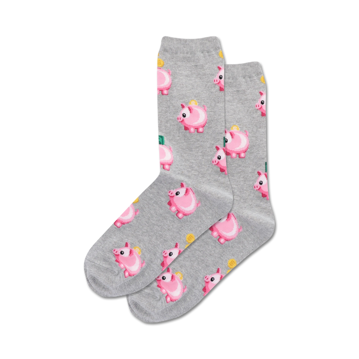 pixelated pink piggy bank pattern gray crew socks for women.  