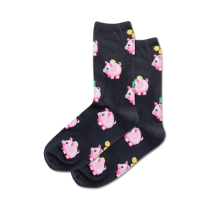 black crew socks with pink and white piggy bank design for women.  