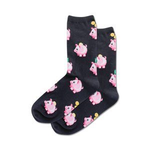 Close-up showing detail of the pink piggy bank pattern on black crew socks.