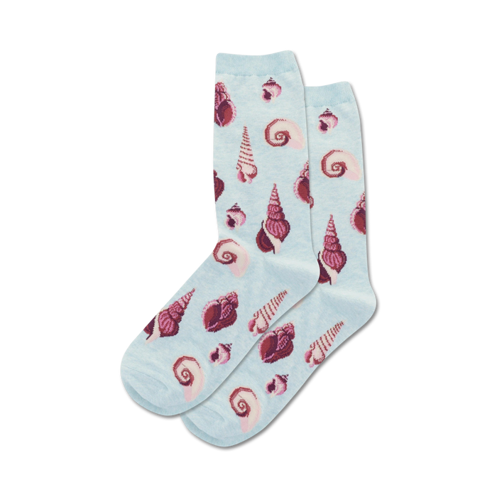 Pair of light blue crew socks with a pattern of pink and burgundy seashells. A fun and summery design! }}