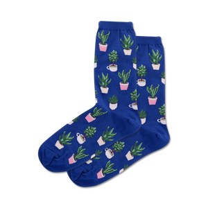 Pair of blue crew socks with a repeating pattern of potted succulents in pink and green pots.