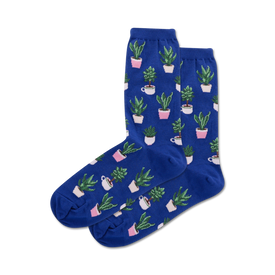 blue crew socks for women with all-over pattern of green potted plants in pink pots   