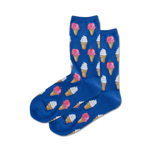 Pair of blue crew socks with a repeating pattern of pink and white ice cream cones.
