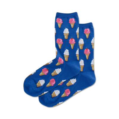 Pair of blue crew socks with a repeating pattern of pink and white ice cream cones.