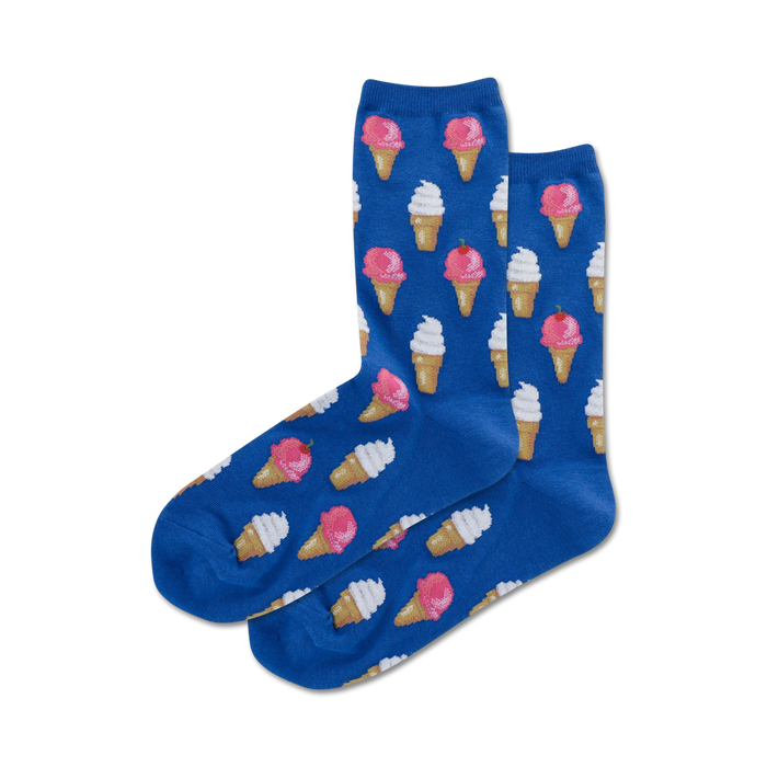 Pair of blue crew socks with a repeating pattern of pink and white ice cream cones.