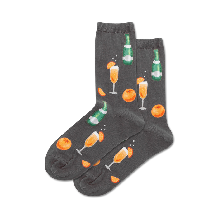 Pair of crew socks featuring a mimosa and orange print. Available in grey and coral.