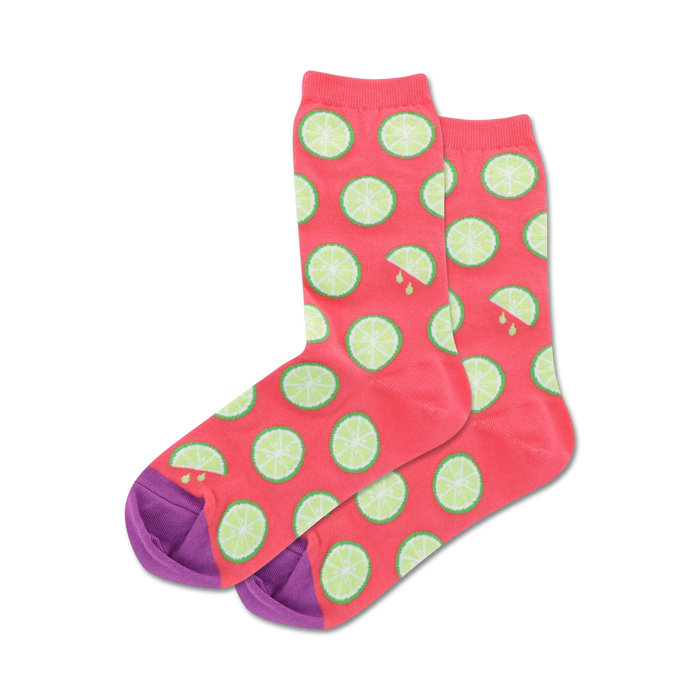 citrus-patterned, pink, and green mid-calf women's crew socks.  