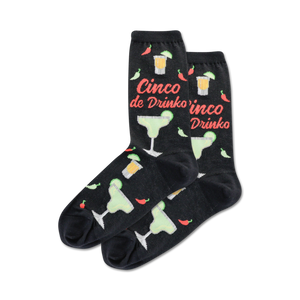 Pair of black crew socks with a fun Cinco de Mayo design. Features margaritas, chili peppers, and the phrase 'Cinco de Drinko'.
