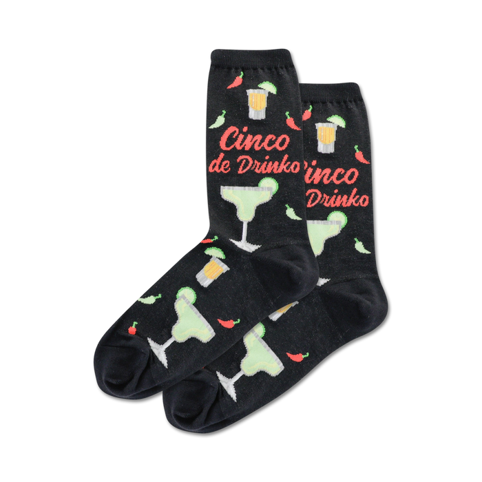 Pair of black crew socks with a fun Cinco de Mayo design. Features margaritas, chili peppers, and the phrase 'Cinco de Drinko'.