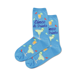 Lifestyle shot showing the light blue 'Cinco de Drinko' crew socks. The model is not visible.