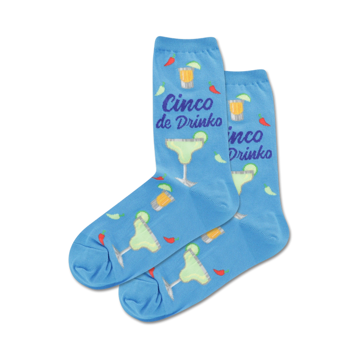 Lifestyle shot showing the light blue 'Cinco de Drinko' crew socks. The model is not visible.