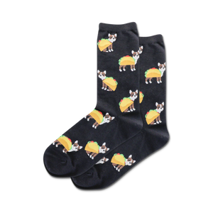 Pair of black crew socks with repeating pattern of brown dogs dressed as tacos.
