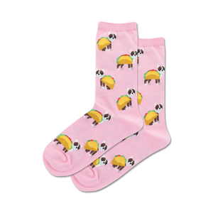 Lifestyle shot showing the pink Taco Terrier socks on a model's feet.