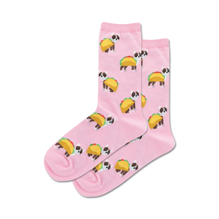 pink crew socks feature cartoon tacos worn as costumes by terrier dogs.  