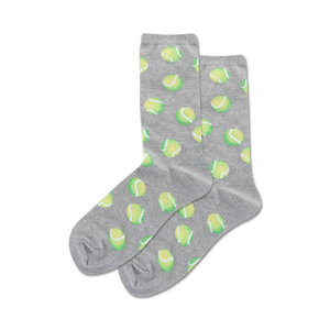 Pair of crew socks with a tennis ball print.  Available in grey and pink.