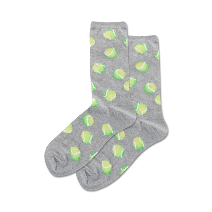 gray crew socks with neon green tennis ball pattern for women.  
