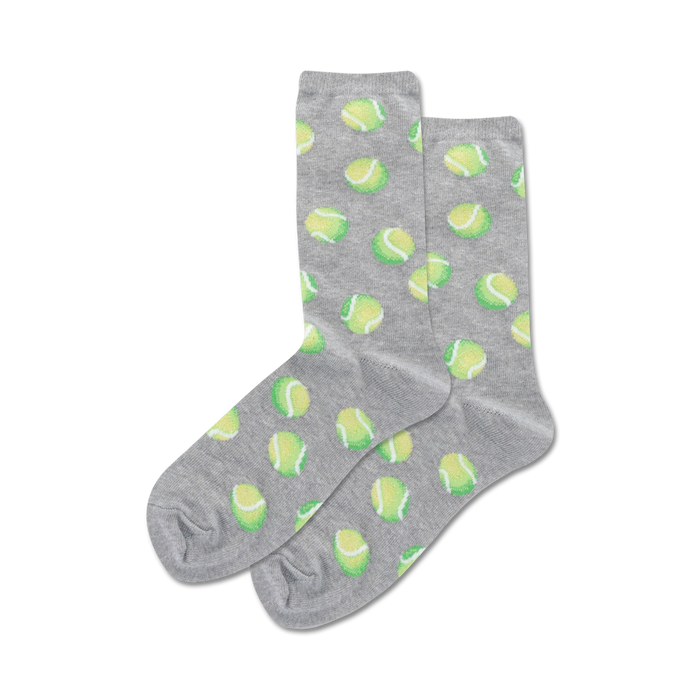 Pair of crew socks with a tennis ball print.  Available in grey and pink.