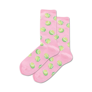 bright pink crew-length women's socks with a pattern of neon green tennis balls.  