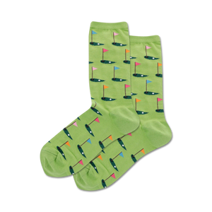 Pair of lime green crew socks with repeating pattern of golf putting greens, flags, and golf balls. Fun, colorful design!
