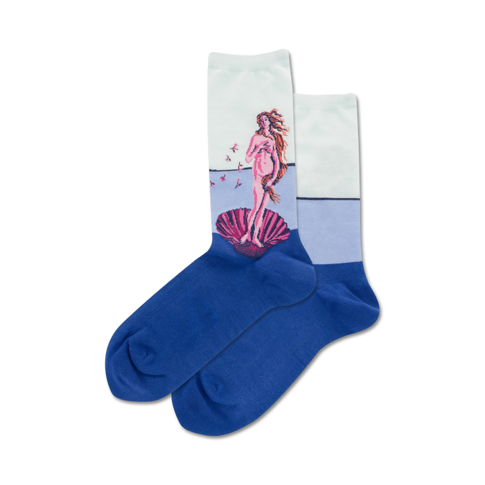 Pair of blue crew socks showcasing Botticelli's 'Birth of Venus.'  The socks feature a pastel-colored image of the painting on a white and light blue background. }}